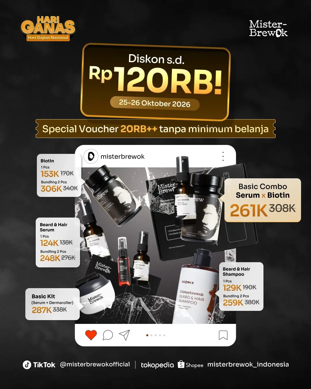 Promo Hari Ganas (Hari Gajian Nasional) Mister Brewok, diskon s.d. Rp120rb, 25-26 Oktober 2026, voucher spesial 20rb++ tanpa minimum belanja